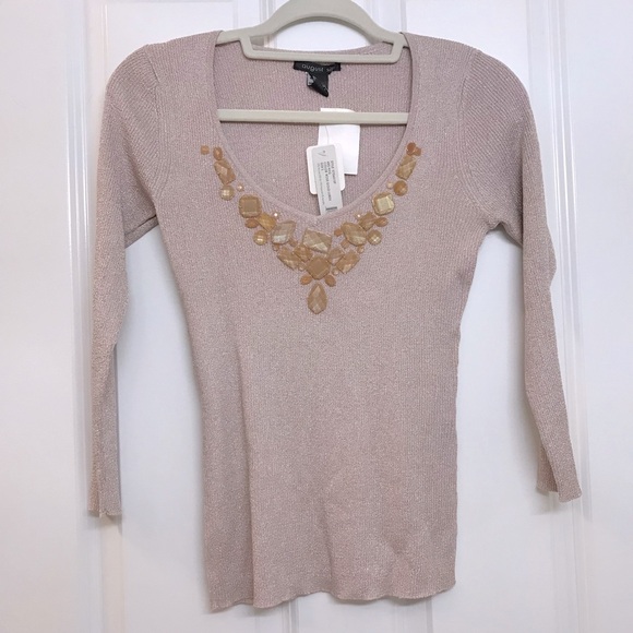 august silk Sweaters - August Silk Ribbed Lurex V-Neck Sweater with Jewelled Beaded Neckline